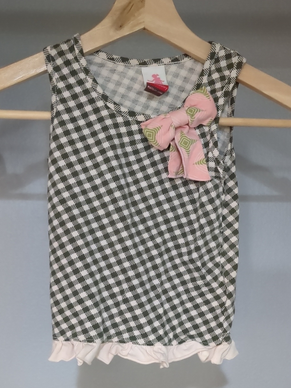 Girls Black & White Gingham Tank Top with Pink Bow